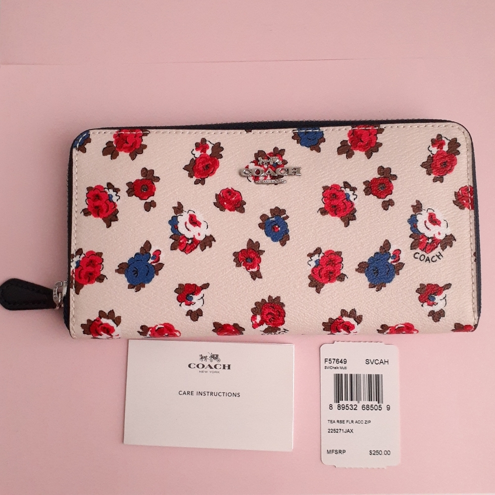 COACH 57649 Tea Rose Floral Flower Leather Wallet